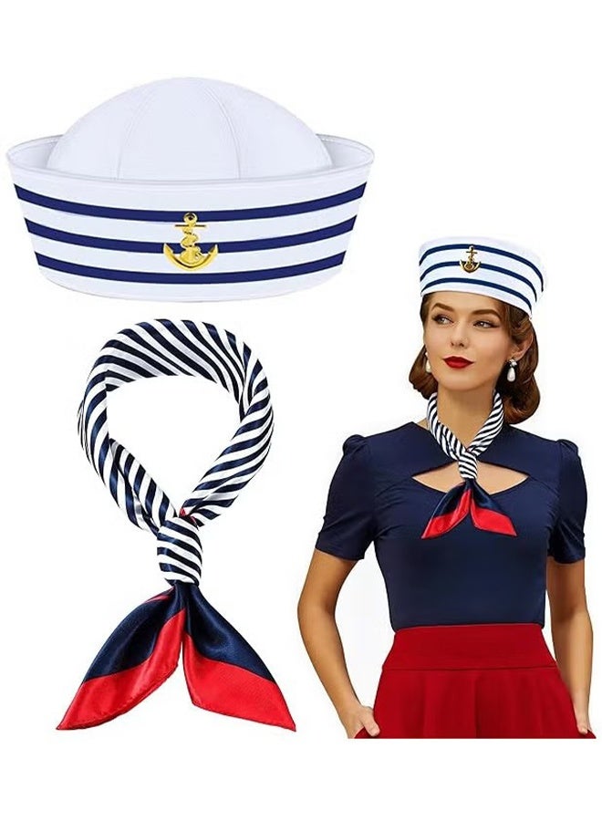 HY 2 Pcs Yacht Captain Hat Sailor Hat and Scarf Set Stripes Sailor Hat and Scarf Set Captain Sailor Costume Accessories for Men and Women One Size - Image 1