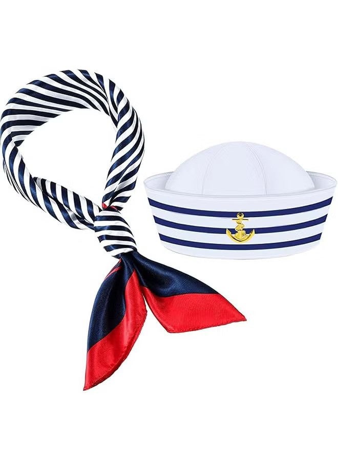HY 2 Pcs Yacht Captain Hat Sailor Hat and Scarf Set Stripes Sailor Hat and Scarf Set Captain Sailor Costume Accessories for Men and Women One Size - Image 2