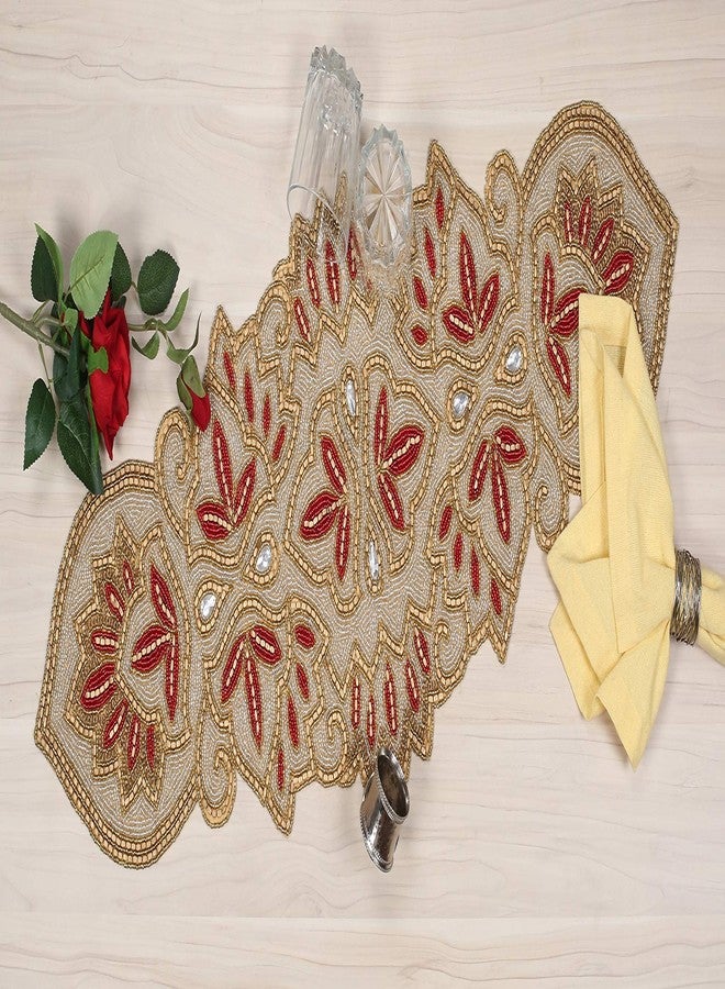 Bedding Craft Glitz Farmhouse Decor Rustic Bridal Shower Beaded Table Runner - 36x13 Silver Maroon Antq Gold - Image 1