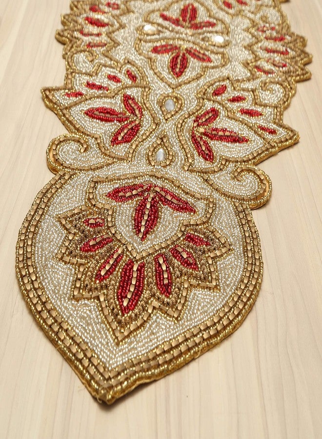 Bedding Craft Glitz Farmhouse Decor Rustic Bridal Shower Beaded Table Runner - 36x13 Silver Maroon Antq Gold - Image 4