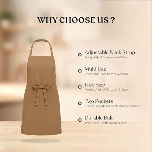 CRASOME Apron for Kitchen | Unisex Cooking Apron with 2 Pockets and Adjustable Straps | Apron for Chef, Hotel, Cafe, Restaurant, Gardening, Workshop (Tan) - Image 2