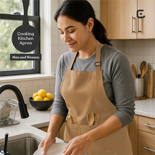 CRASOME Apron for Kitchen | Unisex Cooking Apron with 2 Pockets and Adjustable Straps | Apron for Chef, Hotel, Cafe, Restaurant, Gardening, Workshop (Tan) - Image 5