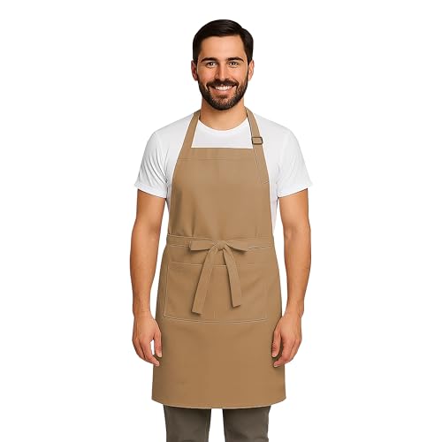 CRASOME Apron for Kitchen | Unisex Cooking Apron with 2 Pockets and Adjustable Straps | Apron for Chef, Hotel, Cafe, Restaurant, Gardening, Workshop (Tan) - Image 1