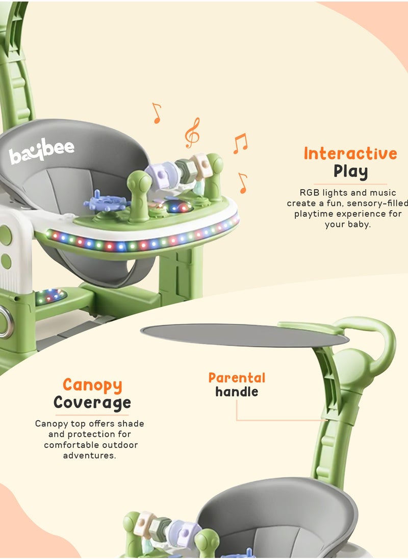 BAYBEE Baybee 2 in 1 Baby Walker for Kids, Baby Push Walker with Adjustable Height, Footmat, Canopy, Foldable Kids Walker with Tray, Musical Toy & Light Toddler Walker for Baby 6-18 Months Boy Girl Green  - Image 4
