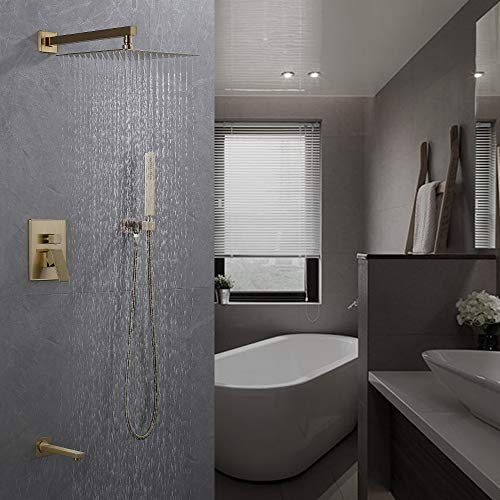 Iriber Brushed Gold Rain Shower System with Waterfall Tub Spout 3 Function Shower Faucet Set Contain 12 Inch Shower Head and Handheld Modern Bathroom Shower Trim Kit (Valve Cartridge Included) - Image 2
