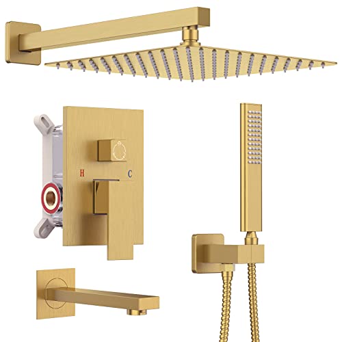 Iriber Brushed Gold Rain Shower System with Waterfall Tub Spout 3 Function Shower Faucet Set Contain 12 Inch Shower Head and Handheld Modern Bathroom Shower Trim Kit (Valve Cartridge Included) - Image 1