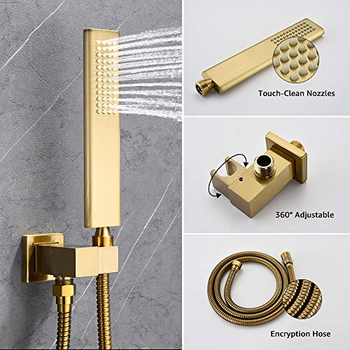 Iriber Brushed Gold Rain Shower System with Waterfall Tub Spout 3 Function Shower Faucet Set Contain 12 Inch Shower Head and Handheld Modern Bathroom Shower Trim Kit (Valve Cartridge Included) - Image 5