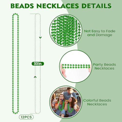 ZZYFGH 12 PCS St. Patricks Day Necklaces, 33" Green Mardi Gras Beads Necklace, St. Patrick's Day Green Beads St. Patricks Day Accessories for Mardi Gras Party Supplies Mardi Gras Decor for Party, School Event, Home - Image 2