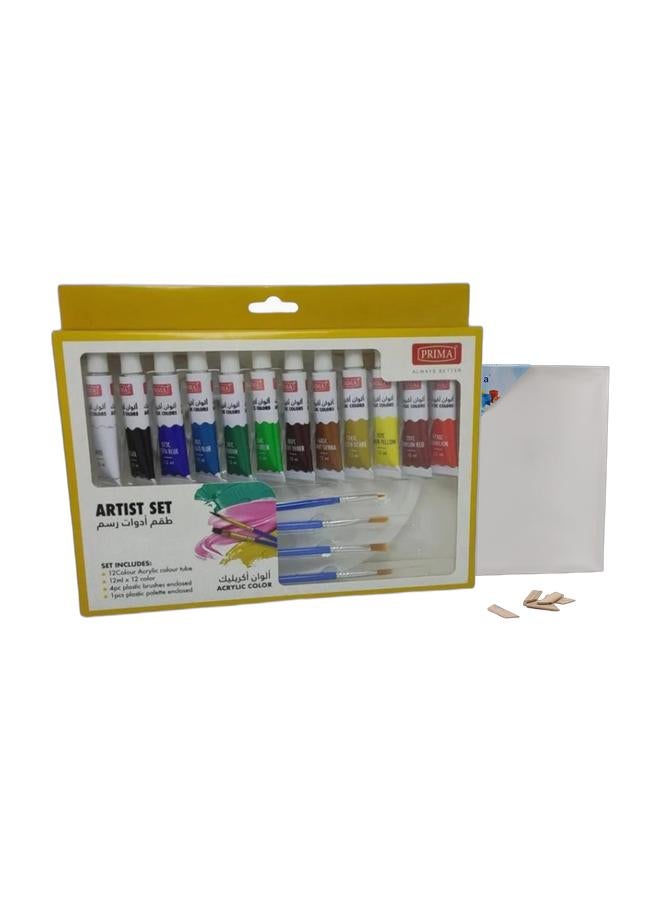 PRIMA 17 Pieces  Artist Acrylic Colour Paint With Brush  And Palette Set Multicolour & Artist Canvas Board Bundle - Image 1