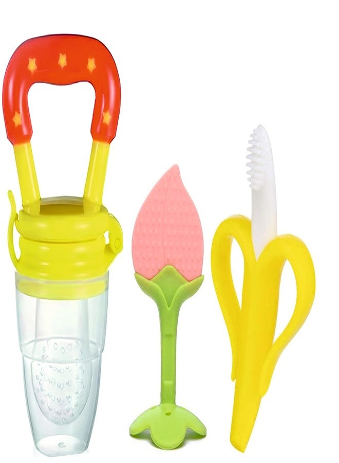 Roforuf Baby Banana Teether,Peach Teether & Fruit Feeder Combo – Safe & Soft Teething Relief & Oral Care Perfect for Newborn Toddlers & Infant Baby - Pack of 3 (Yellow PCH) - Image 1