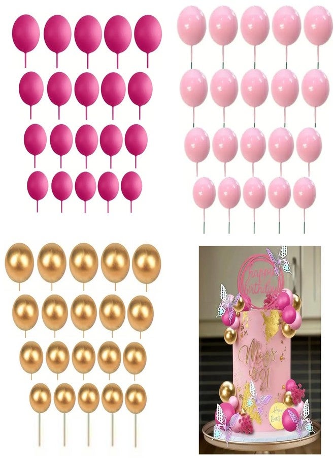 LEGACYCART 60PCS (Pink Hot pink Golden) Cake Topper, Balls Cake Decorations, Flower, Hot Pink And Golden Balls, Balls Happy Birthday Cake Topper, For Wedding Baby Shower Birthday Themed Party Supplies - Image 1