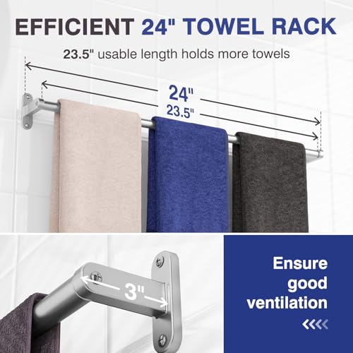 Powools Towel Rack for Bathroom - 24" Rustproof Towel Holder, Sturdy Towel Bar Wall Mounted, Space-Saving Towel Hanger, Bathroom Accessories, Home Decor, Apparment Essentials, Bright Silver - Image 2