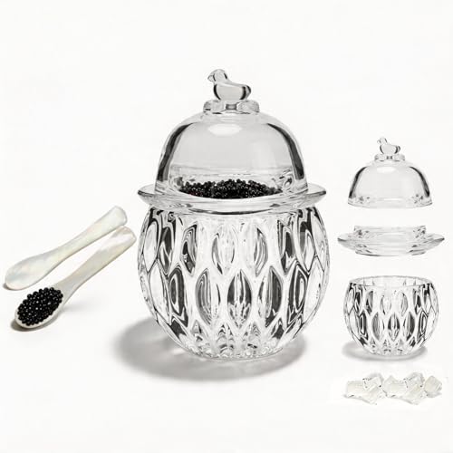 GCFTIFF caviar serving set with 2 Pcs Mother of Pearl SpoonsChilled bowl Glass Caviar Dish With Lidsice bowls to keep food cold Elegant Serving Tray for Caviar Shrimp and Party AppetizersLeaf - Image 1