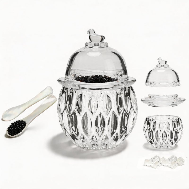 GCFTIFF caviar serving set with 2 Pcs Mother of Pearl SpoonsChilled bowl Glass Caviar Dish With Lidsice bowls to keep food cold Elegant Serving Tray for Caviar Shrimp and Party AppetizersLeaf - Image 2