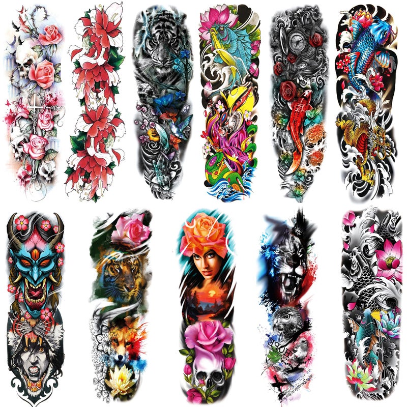 Colorful Sleeve Tattoos Stickers Full Arm Temporary Tattoos Sleeves Fake Watercolor Body Art Arm Tattoo for Kids Women Makeup 12Sheet