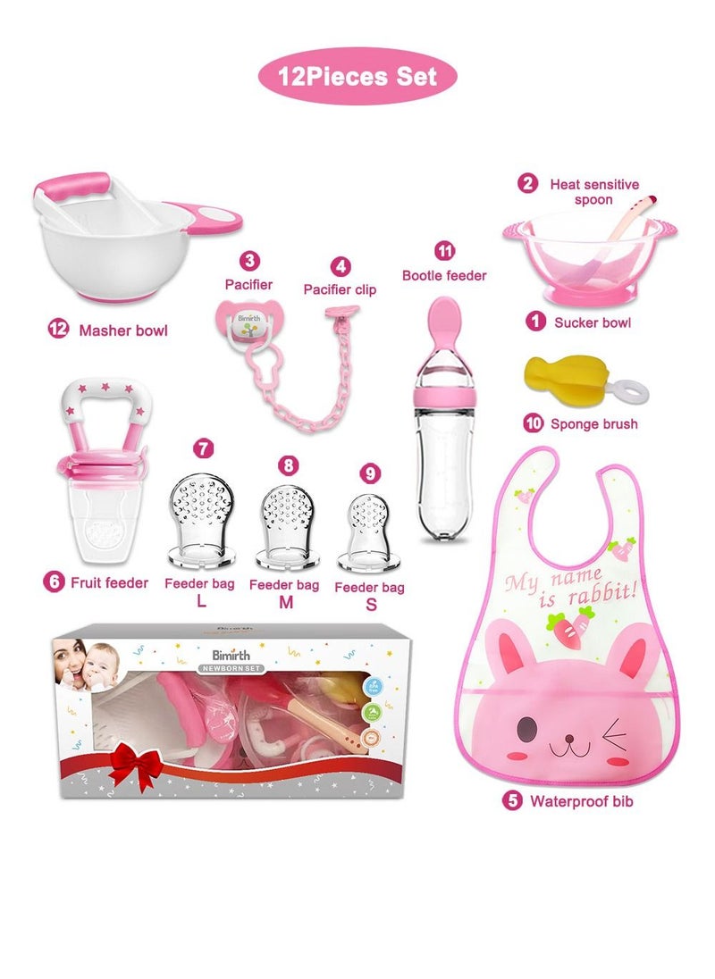 Bimirth Baby Feeding Gift 12-Piece, Includes Suction Bowl with spoon, Silicone Food Teething Feeder with 3 size, Ultra-Soft Silicone Baby Food Bottle With Spoon,  Fresh Foods Masher And Bowl, Baby Feeding Bib  - Image 1
