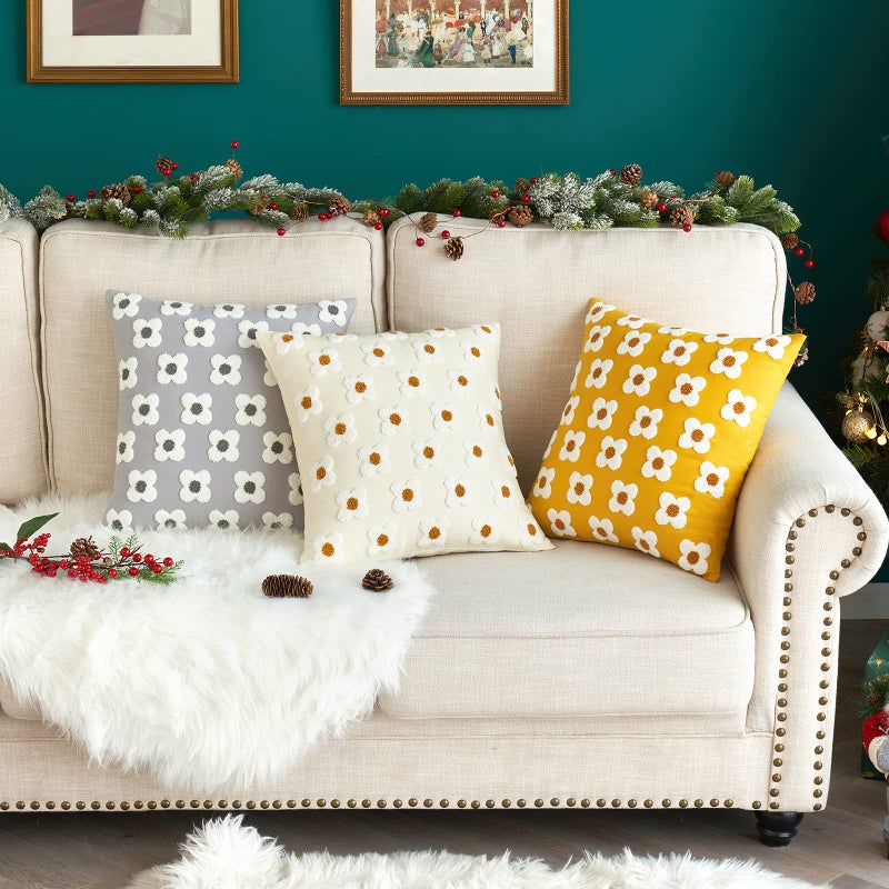 EMEMA Decorative Throw Pillow Covers Sun Flower Jacquard Pillowcase Cushion Case Square for Couch Sofa Bed Living Room Bedroom Set of 2, 18x18 Inch, Beige - Image 5