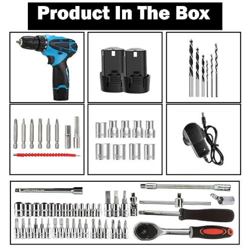 Galaxe Torque Portable Cordless Drill Set Wireless Impact Drills 12V Rechargeable Screwdriver Kits with Hand Tool Kit Socket Set For Repair (GLX12V46SS7, 74pcs tool kit) - Image 2