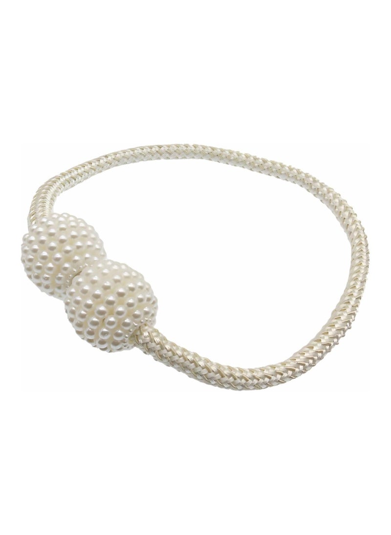 LIMITLESS Magnetic 2 PCS Pearl Curtain Buckle Magnetic European Style Decorative Weave Rope Curtain Rings & Buckles Holder for Window Sheer Blackout Draperies, Braided Straps Ball Buckles (White)  - Image 1