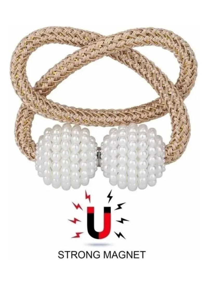 LIMITLESS Magnetic 2 PCS Pearl Curtain Buckle Magnetic European Style Decorative Weave Rope Curtain Rings & Buckles Holder for Window Sheer Blackout Draperies, Braided Straps Ball Buckles (White)  - Image 2