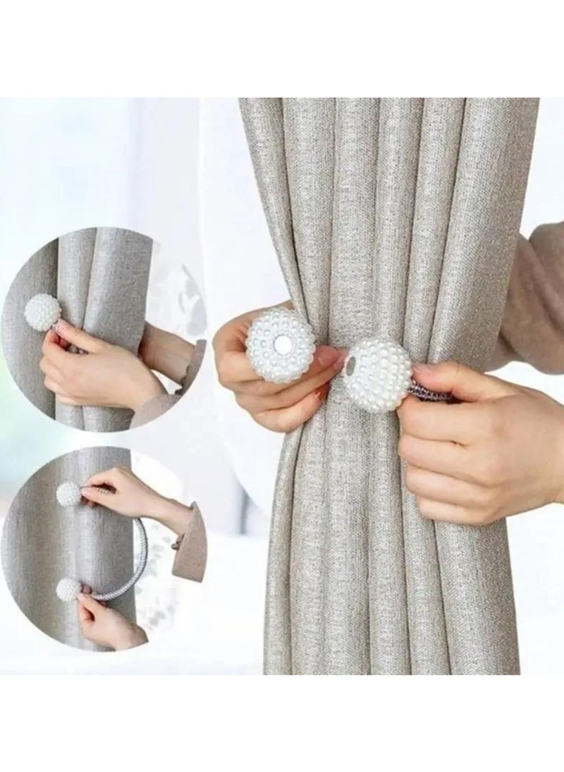 LIMITLESS Magnetic 2 PCS Pearl Curtain Buckle Magnetic European Style Decorative Weave Rope Curtain Rings & Buckles Holder for Window Sheer Blackout Draperies, Braided Straps Ball Buckles (White)  - Image 4