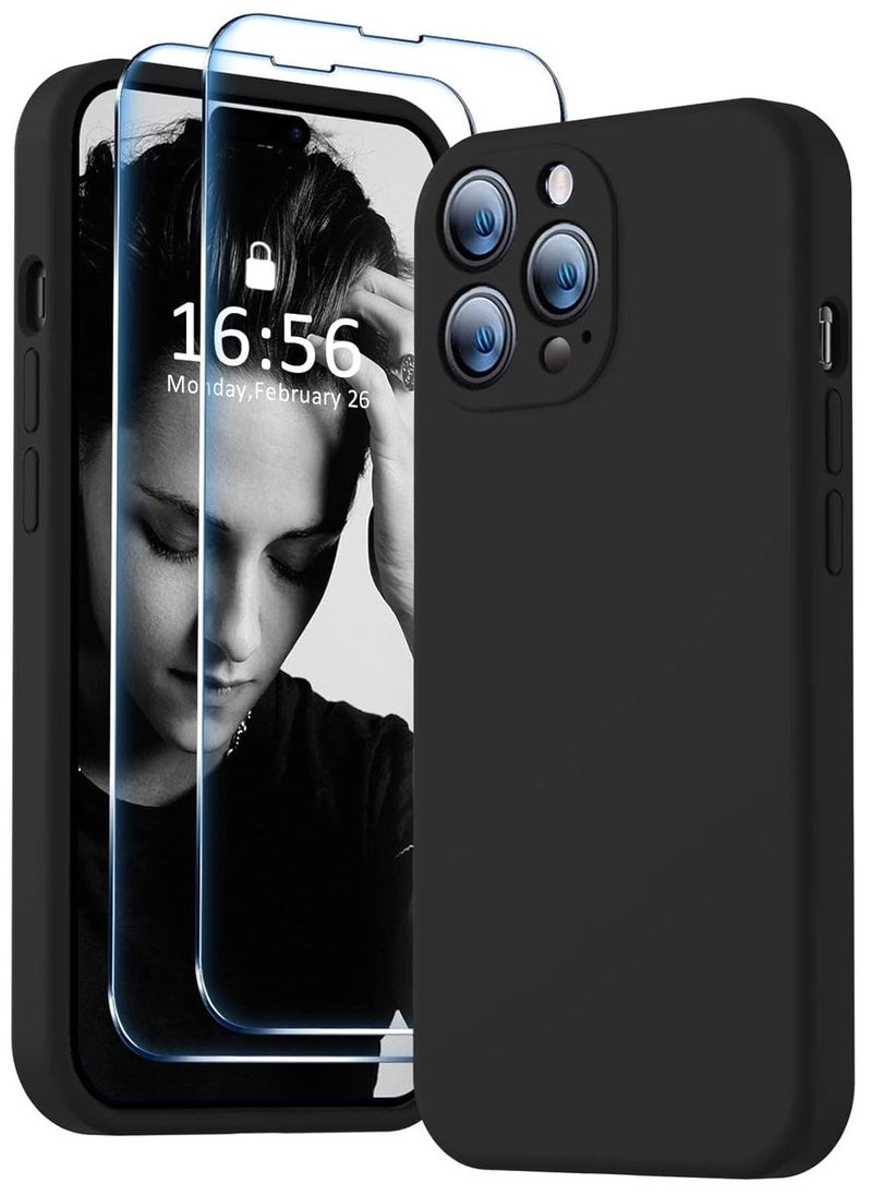 Raxoom Premium Liquid Silicone Case for iPhone 14 Pro 6.1-Inch with 2 Pcs 9H Tempered Glass Screen Protectors - Shockproof, Soft Touch, All-Round Camera Protection (Black) - Image 1