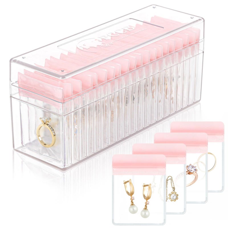 HOMEHIVE Acrylic Jewelry Box Organizer, Clear Jewelry Organizer Holder with 20 Portable Anti Tarnish Jewelry bags, Travel Jewelry Case for Earrings/Rings/Necklaces for Women Girls, Pink - Image 1