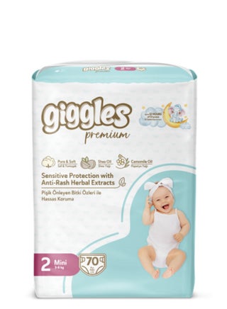 Giggles Premium Baby Diapers Size 2, 70 Count, 3–6 kg, Ultra Absorbent Anti-Rash Herbal Baby Diapers with Shea Oil & Chamomile, Soft Breathable Leak Protection, Up to 12 Hours Dryness
