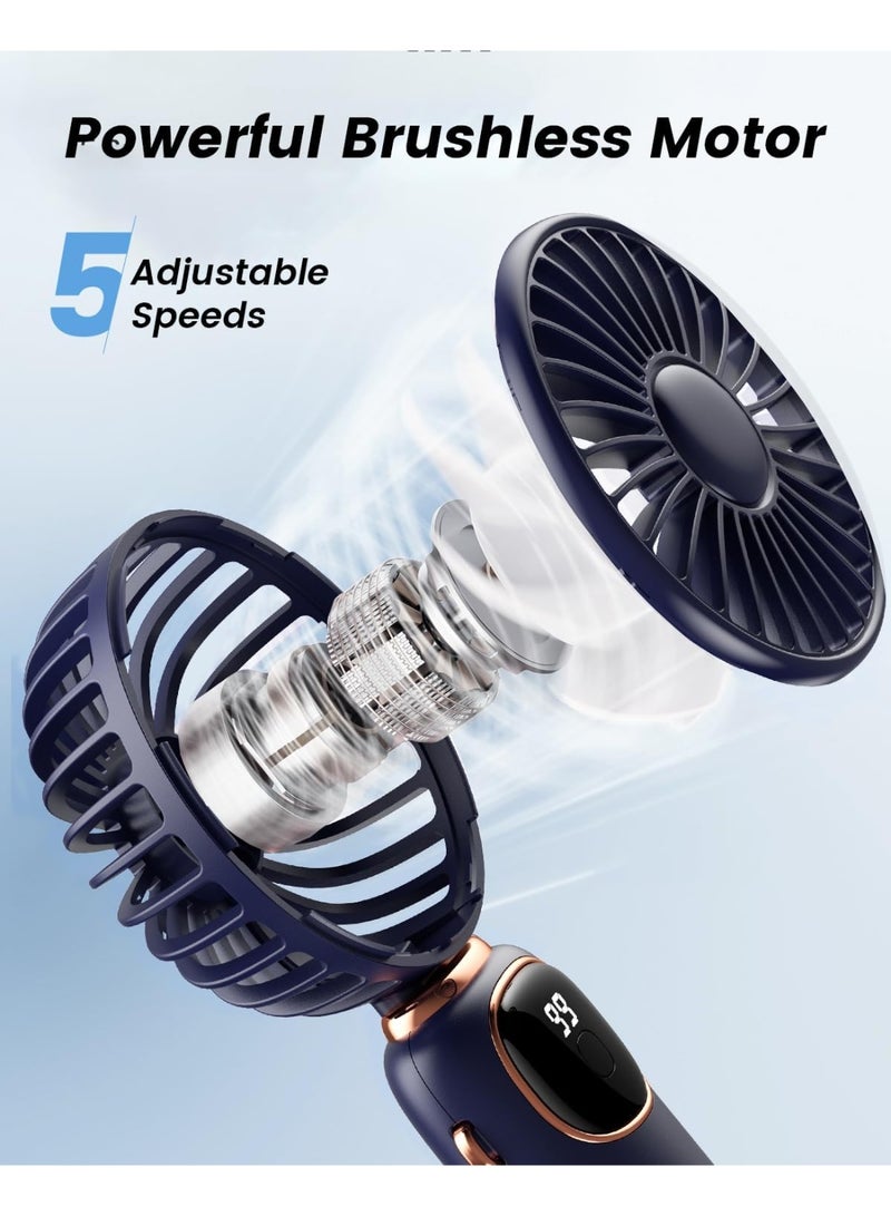 general Portable Handheld Fan, 4000mAh Battery Operated Fan with LED Display, Handheld/Neck/Desk 3 in 1 Personal Small Fans, 90° Foldable Desk Fan with Base, 5 Speed Makeup Lash Fan for Women Blue - Image 4