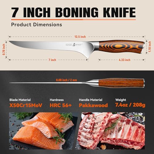 TUO Boning Knife, 7 inch Sharp Fillet Knife for Trimming Meat with Bones, Woodgrain Pakkawood Handle, High Carbon German Steel, Gift Box Included - Image 3