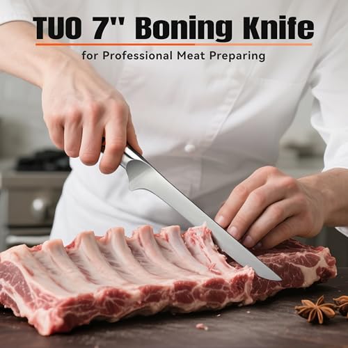 TUO Boning Knife, 7 inch Sharp Fillet Knife for Trimming Meat with Bones, Woodgrain Pakkawood Handle, High Carbon German Steel, Gift Box Included - Image 4
