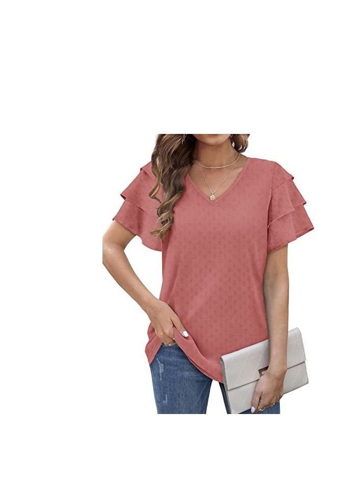 Loquat New Women's V-neck Multi-layer Lotus Sleeve Loose Casual Short Sleeve T-Shirt  - Image 1