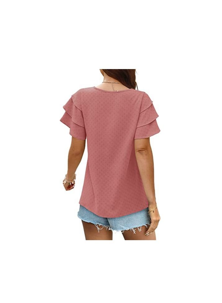 Loquat New Women's V-neck Multi-layer Lotus Sleeve Loose Casual Short Sleeve T-Shirt  - Image 2