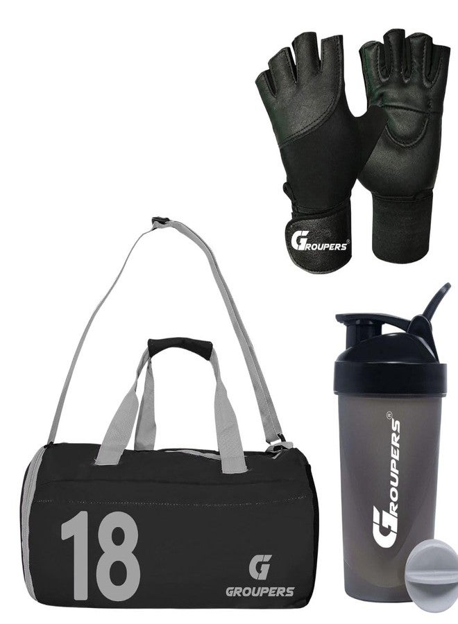 Groupers Foldable Duffle Bag - Black Weekender with Shoe Pocket (43×25×23 cm) + Workout Gloves with Wrist Support + 400ml Protein Shaker Bottle, Fitness Combo for Men & Women - Image 1
