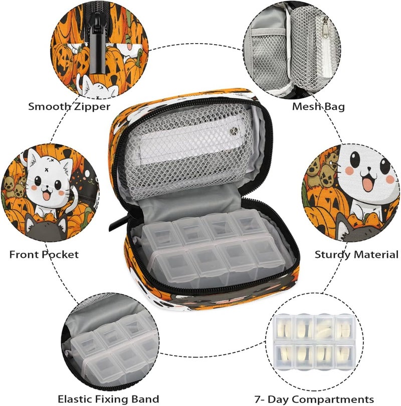 Animal Cat Halloween Pill Case Travel Pill Organizer Weekly 7 Day Portable with Zipper Medicine Box Pill Case for Vitamins, Birth Control,Fish Oils,Medication, Supplements - Image 3