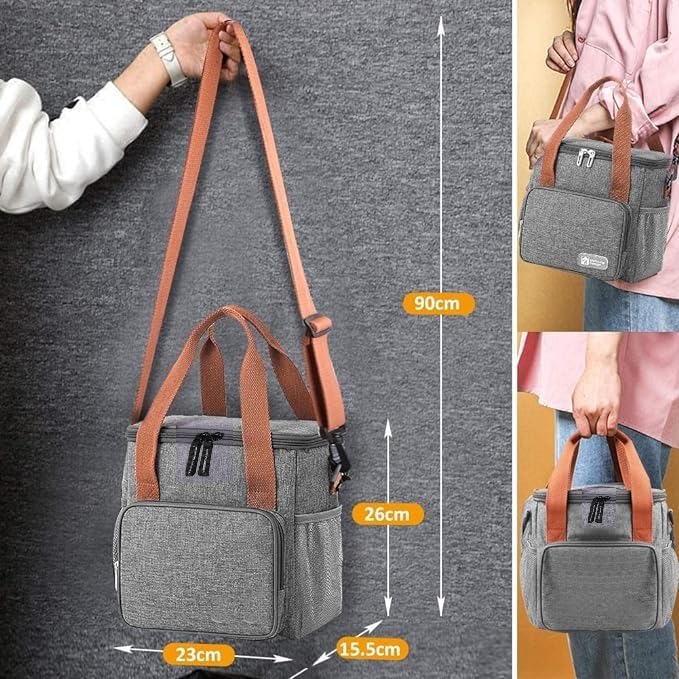 SaleOn SaleOn Pvc Fabric Lunch Bag, Reusable Grocery Bags, Food Storage Sack Tote Box, Adults, Women, Durable & Spacious Tote For Work, Picnic, Hiking With Adjustable Shoulder Strap (Grey), 9.2 Litre  - Image 4