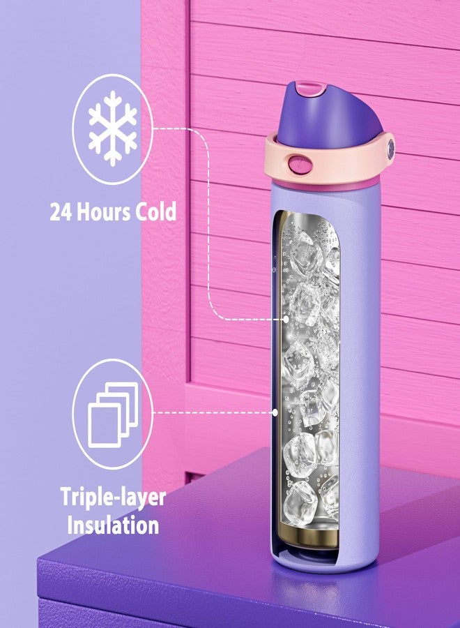 Meoky 24 oz Insulated Water Bottle for Women: Meoky Stainless Steel Metal Water Bottle with 2-in-1 Straw and Spout Lid - Leak Proof, Cold for 24 Hours, Protective Silicone Base, BPA-Free for School, Orchid - Image 4