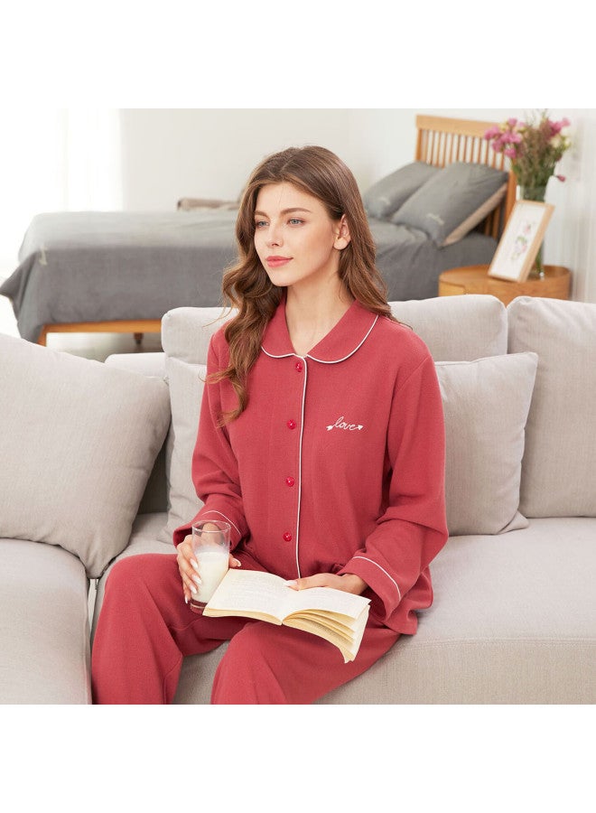 MEIBIAO American Standard Long Sleeve Pajamas For Women, Couple's Composite Cotton Fabric, Casual Wearable Men's Homewear, Brick Red, L - Image 1