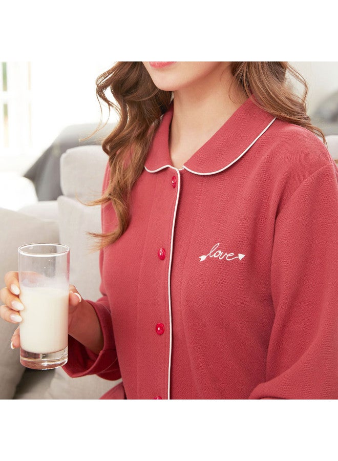 MEIBIAO American Standard Long Sleeve Pajamas For Women, Couple's Composite Cotton Fabric, Casual Wearable Men's Homewear, Brick Red, L - Image 2