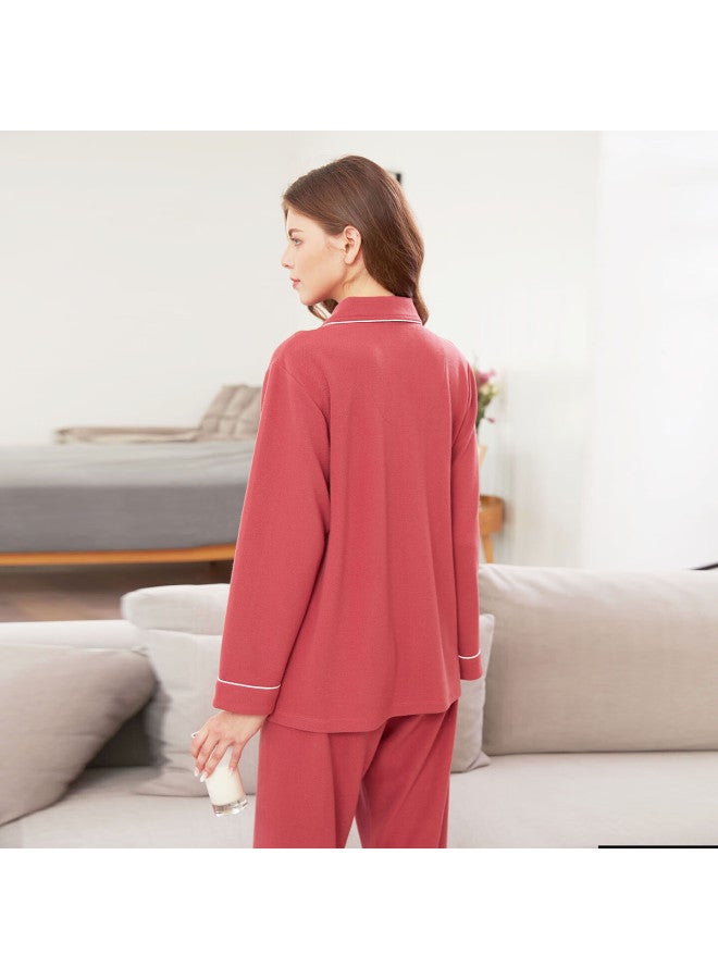 MEIBIAO American Standard Long Sleeve Pajamas For Women, Couple's Composite Cotton Fabric, Casual Wearable Men's Homewear, Brick Red, L - Image 4