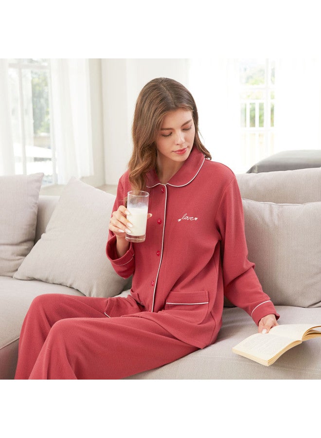 MEIBIAO American Standard Long Sleeve Pajamas For Women, Couple's Composite Cotton Fabric, Casual Wearable Men's Homewear, Brick Red, L - Image 3