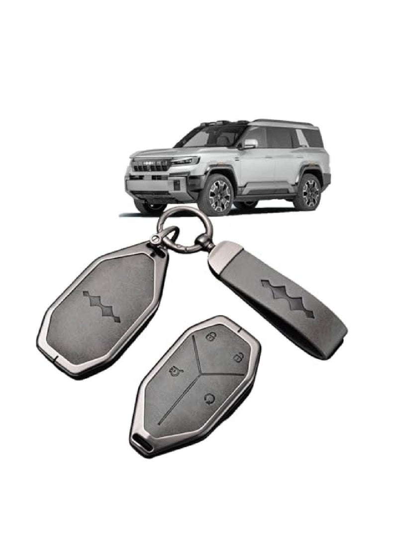 Adando Car Key Fob Cover with Leather Keychain for BYD Fang Cheng Bao Leopard 5/8, Tai 3/Tai, Premium Metallic Alloy Key Case Protector Automotive Accessories（Gray） - Image 1