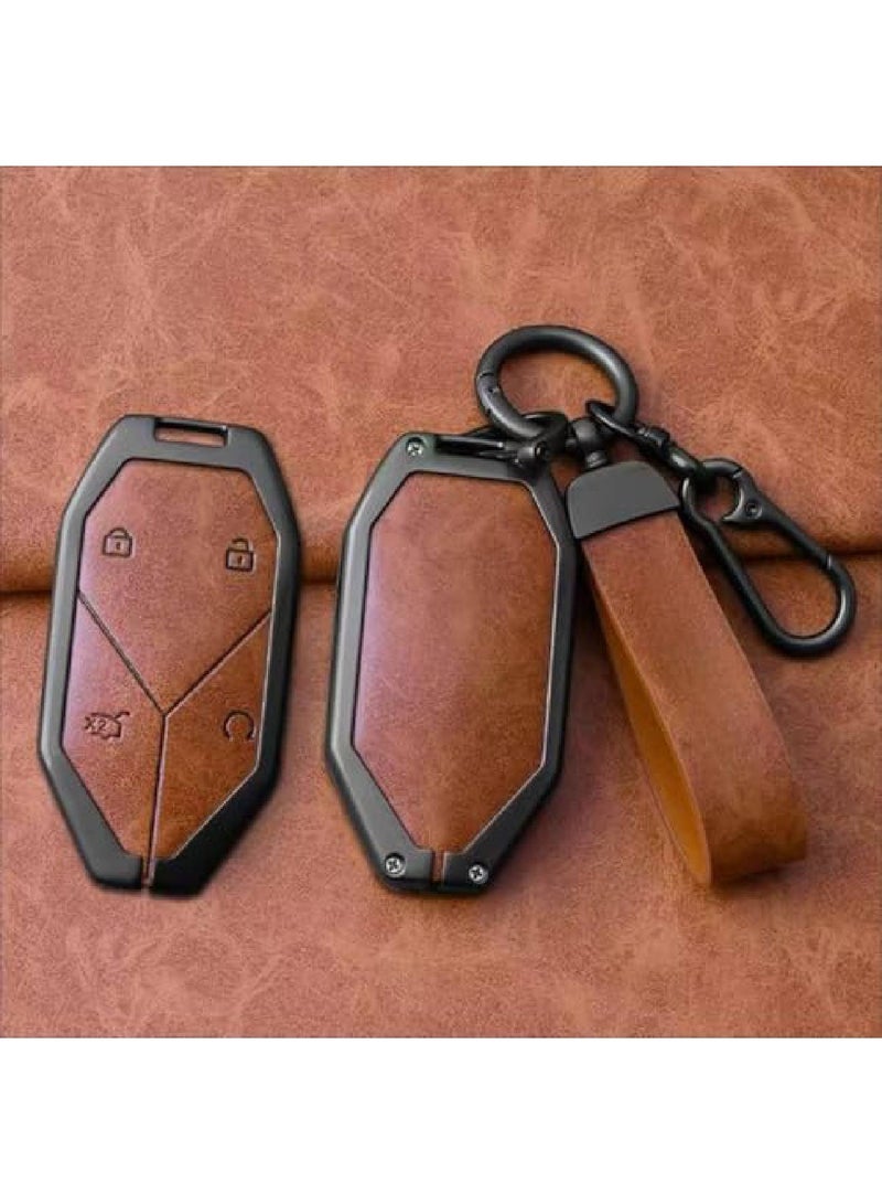 Adando Car Key Fob Cover with Leather Keychain for BYD Fang Cheng Bao Leopard 5/8, Tai 3/Tai, Premium Metallic Alloy Key Case Protector Automotive Accessories（Gray） - Image 2