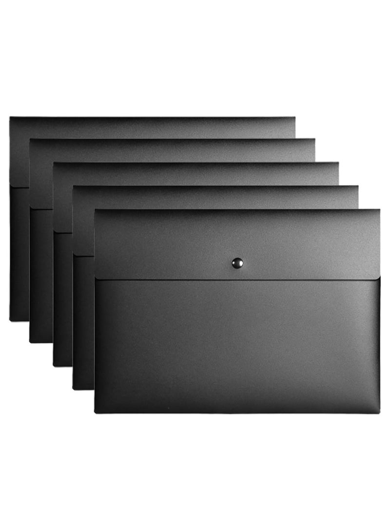 Poly File Folder Pockets File Jacket Plastic Envelope Flat Poly File Folder Pockets File Jacket Plastic Envelope Flat Document Letter Organizer with Snap Button Closure A4 Letter Size (Pack of 5, Black) - Image 1