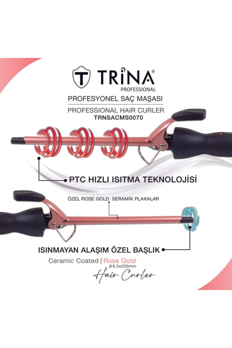 Trina Afro Wave 9.5mm Gold Ceramic Curling Iron - 20CM.EXTRA Long Head - Curly Hair Curling Iron
