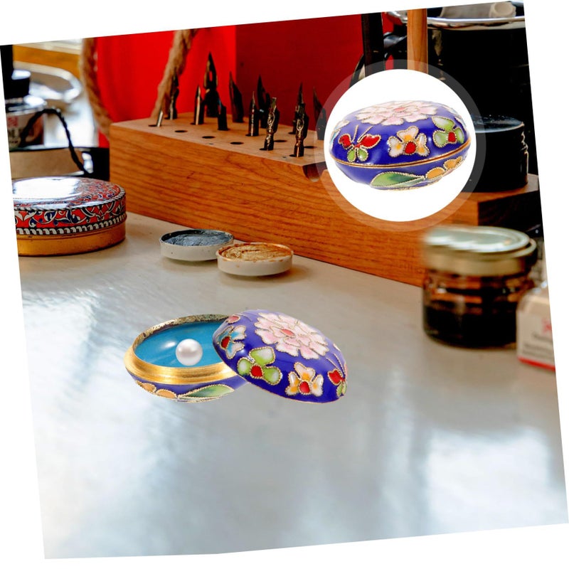 Vintage Jewelry Box Blue Enamel Design Storage Ring Necklace Earring Case - Image 5