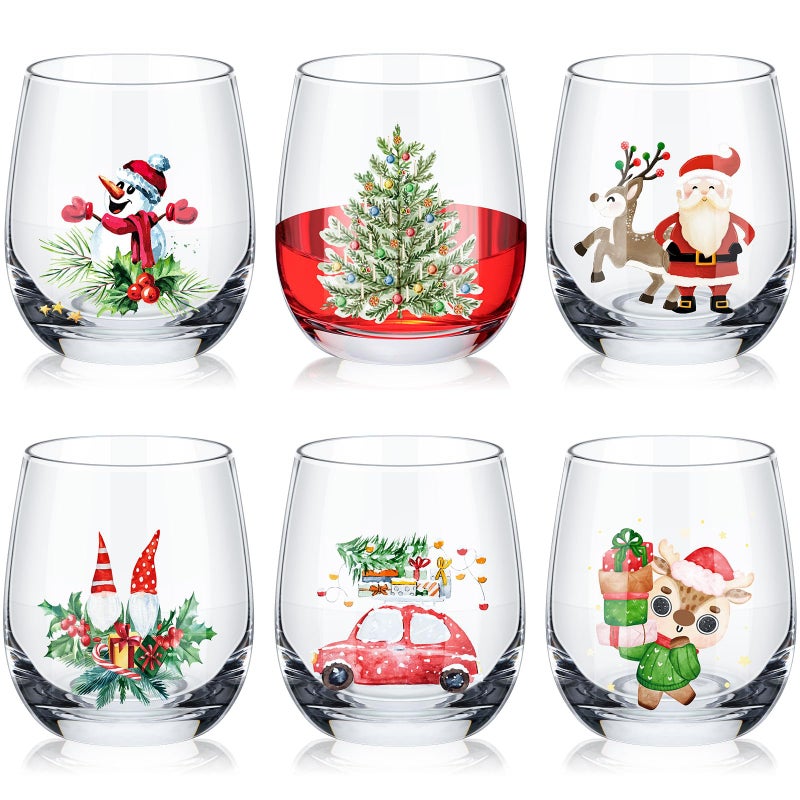 Pickmesh 6 Pcs Stemless Christmas Wine Glasses 12oz Funny Themed Red Wine Glass Cups for Merry Christmas Party Gifts
