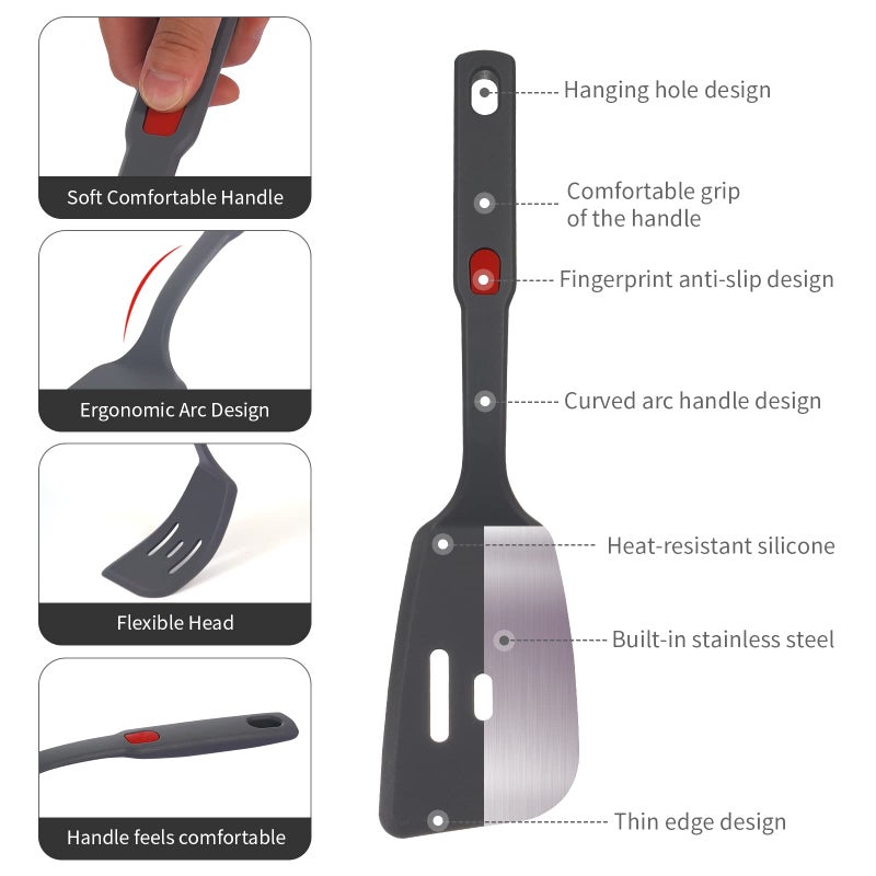 Hvanam Flexible Silicone Spatula Set For Nonstick Cookware Rubber Silicone Bpa-Free Heat Resistant Heavy Duty Kitchen Turner Large Slotted Flipper And Small Spatulas For Egg Fish Pancake Cookie (Grey) - Image 4