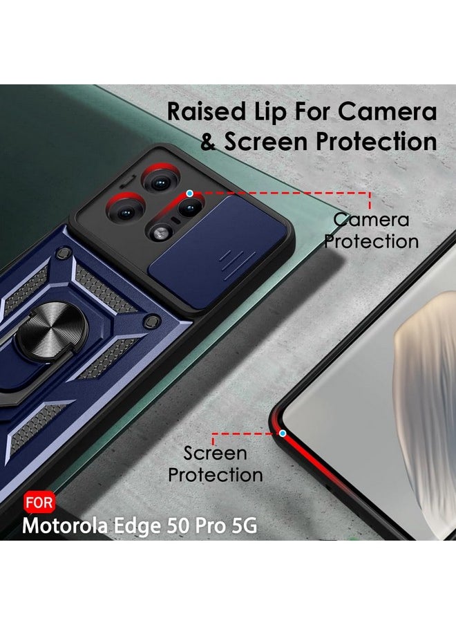 ذا جيفت كارت جراب خلفي من TheGiftKart Tough Armor لهاتف Motorola Moto Edge 50 Pro 5G | غطاء كاميرا منزلق وحامل وحلقة تثبيت | جراب خلفي بحماية 360 درجة لهاتف Motorola Edge 50 Pro 5G (PC & TPU، أزرق)  - Image 3