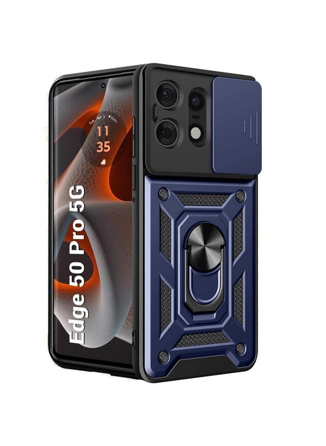 ذا جيفت كارت جراب خلفي من TheGiftKart Tough Armor لهاتف Motorola Moto Edge 50 Pro 5G | غطاء كاميرا منزلق وحامل وحلقة تثبيت | جراب خلفي بحماية 360 درجة لهاتف Motorola Edge 50 Pro 5G (PC & TPU، أزرق)  - Image 1